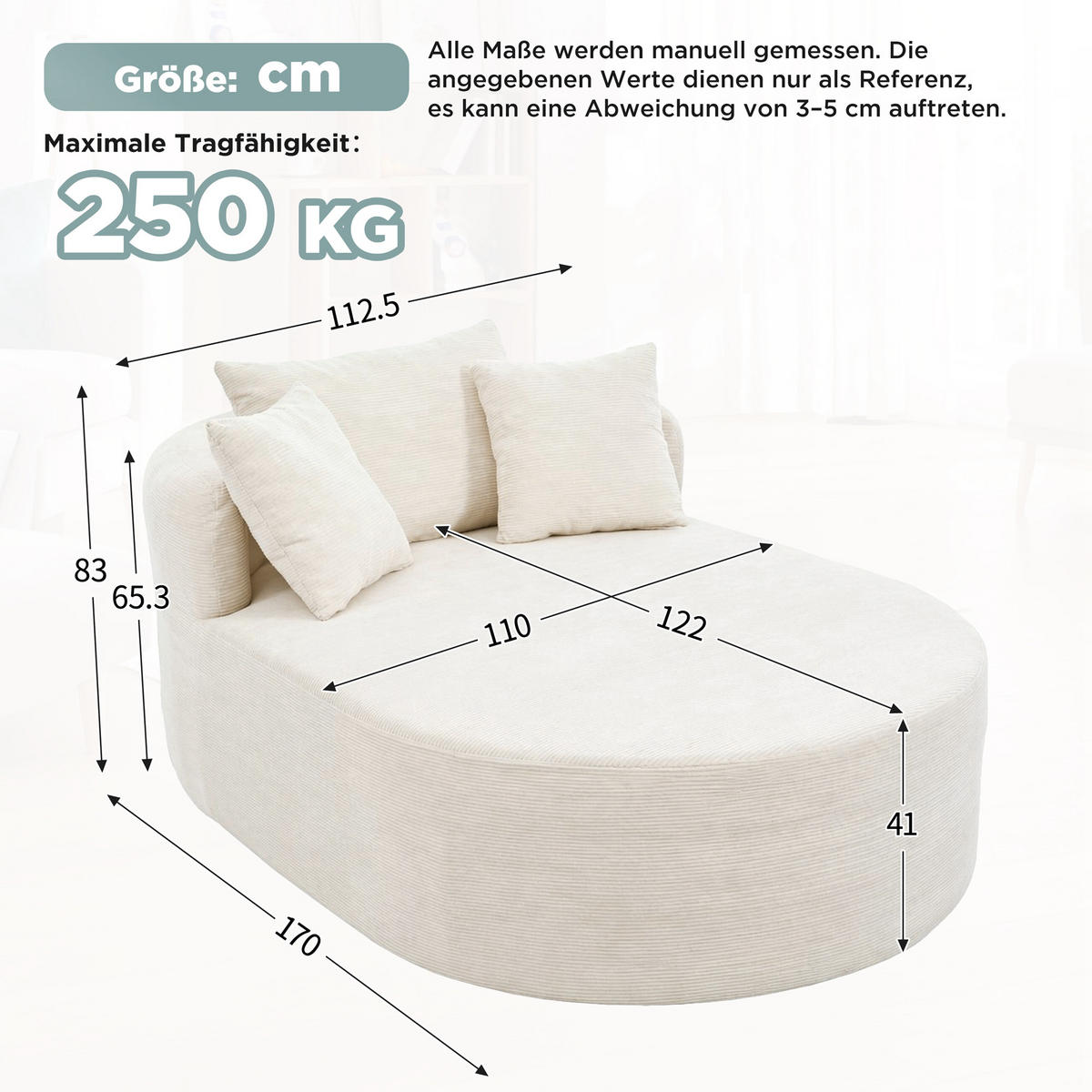 XXL-SESSEL montagefrei mit 122 cm Sitztiefe, DE-42520, Hellbeige - Beige, Textil (170/83/112.5cm) - ComfortXL