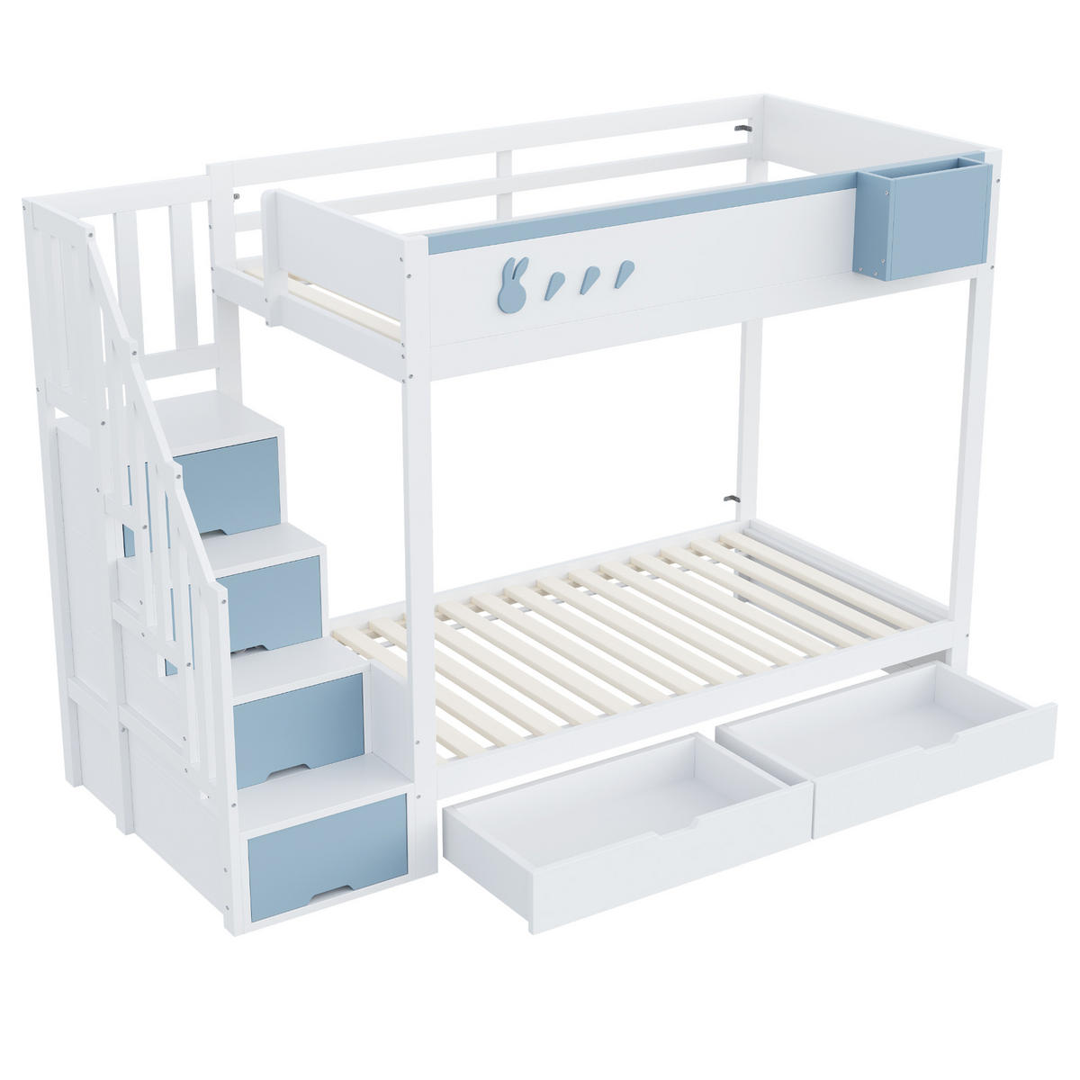 ETAGENBETT 90/200 cm Weiß+Blau mit Kaninchenmotiven und abnehmbaren Ablagefach - Weiß, Holz (90/200cm) - OKWISH