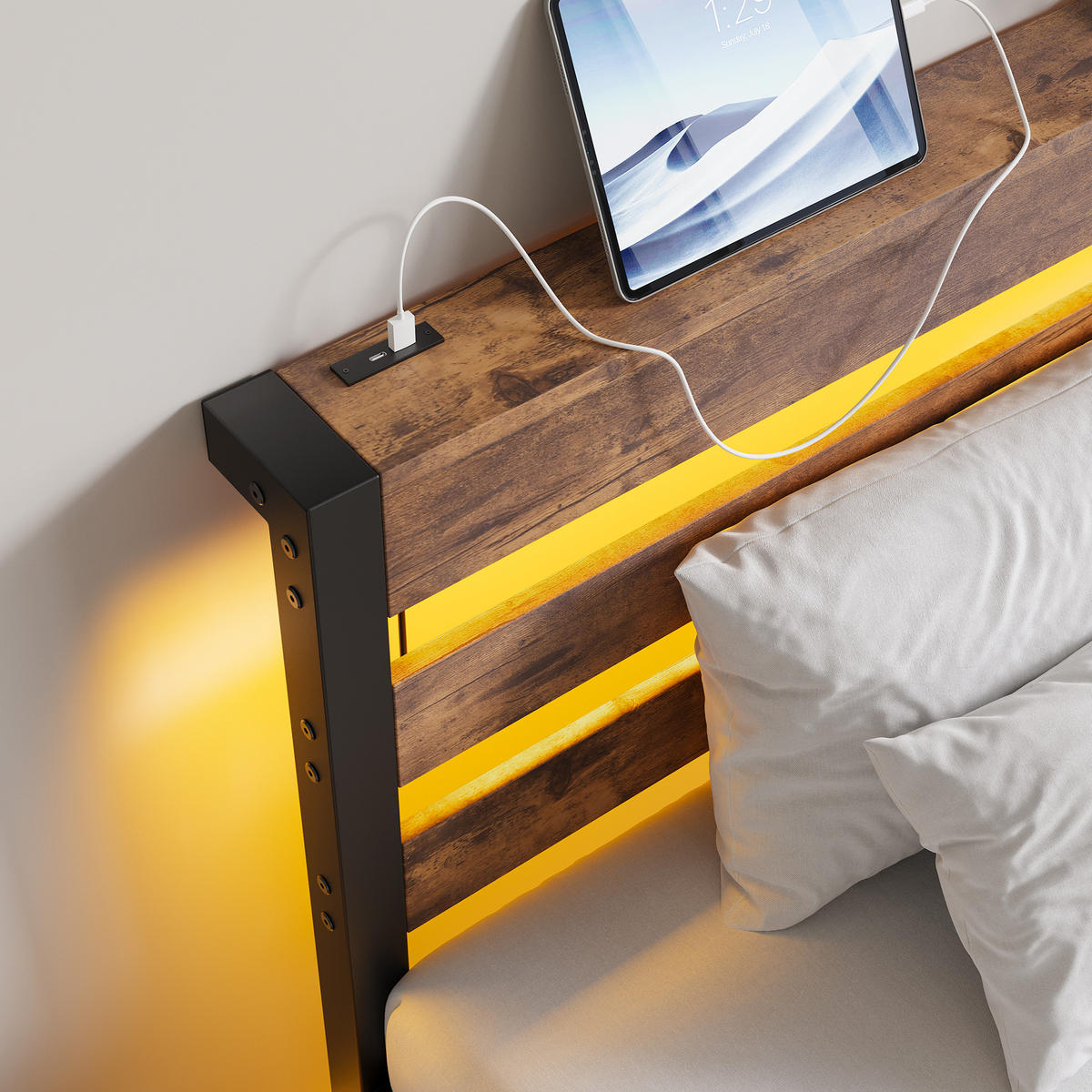 METALLBETT 90/200 cm in Schwarz & Braun mit LED, USB und Ablage - Schwarz, Holzwerkstoff/Metall (90/200cm) - WISHDOR