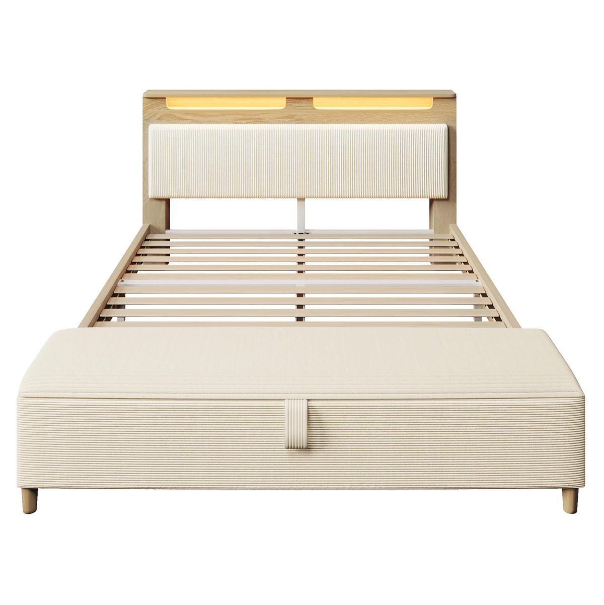 DOPPELBETT 140/200 cm beige aus Holz und Cord mit LED-Bettbank - Beige, Textil (140/200cm) - OKWISH