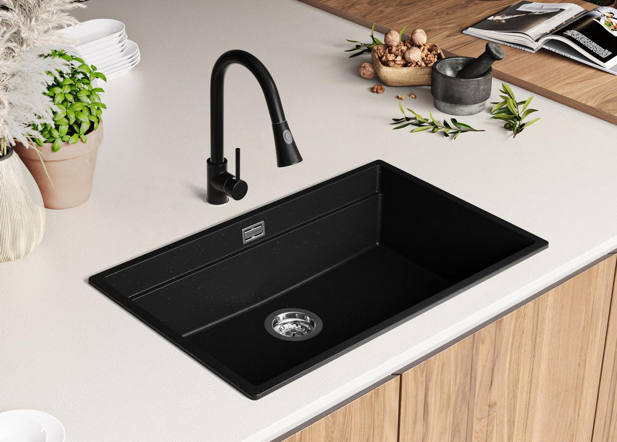 SPÜLBECKEN Praga Slim, 2-er set Schwarz Metallic 76/47 cm 1 Becken + Ablauf-Set + Aufrollbare Abtropffläche ab 80er Unterschrank - Chromfarben/Schwarz Hochglanz, Kunststoff (76/20/47cm) - Primagran