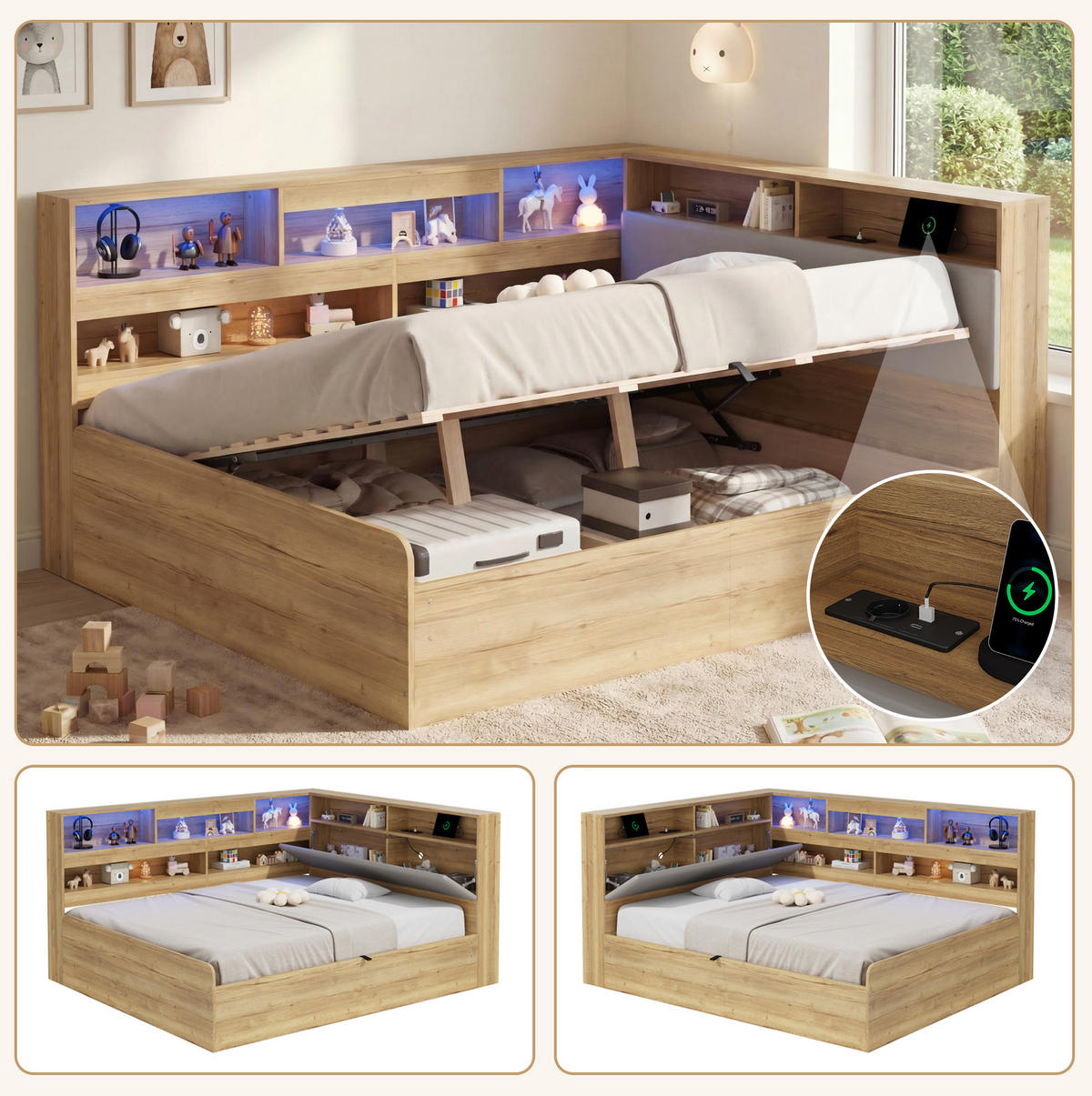 JUGENDBETT 140/200 cm natur aus MDF mit Stauraum und LED - Naturfarben, Holzwerkstoff (140/200cm) - OKWISH