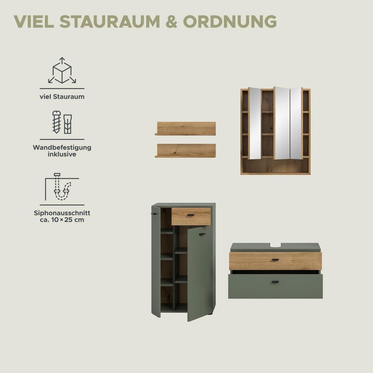 BADEZIMMER Azur 4-tlg. (B/H/T: ca. 141/191/35 cm) in Sage Green/Sage Green - Grün, Holzwerkstoff (141/191/35cm)