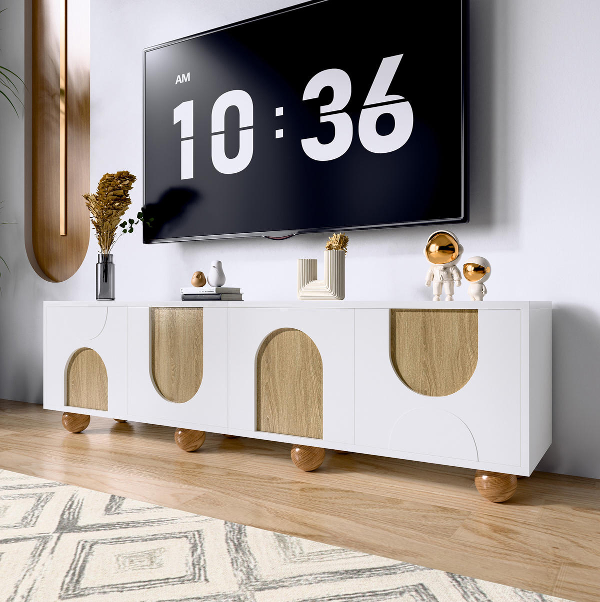 TV-SCHRANK in Natur/Weiß mit 4 Türen und Holzbeinen 175/38/50 cm - Weiß, Holzwerkstoff (175/50/38cm) - Redom