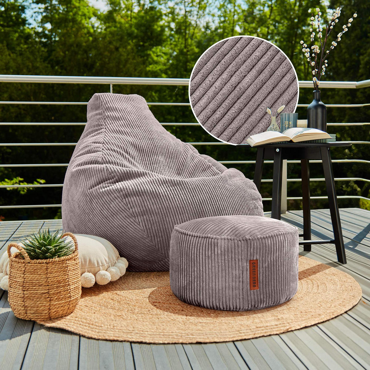LOUNGE-SITZSACK Cozy + Fußhocker - Hellgrau, Textil (80/90/90cm) - Green Bean