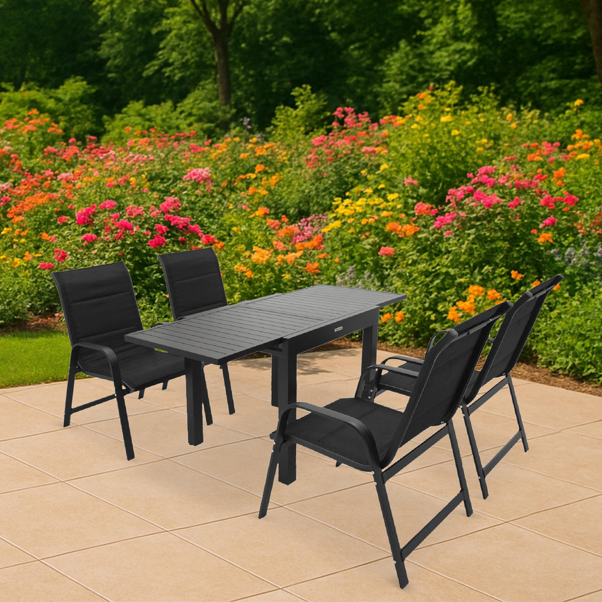 GARTEN-GARNITUR Ashford - 5-teilige Garten-Essgruppe (4x Stapelsessel Hochlehner Aluminium dunkelgrau + Textilgewebe gepolstert schwarz - Schwarz, Metall - TPFGarden