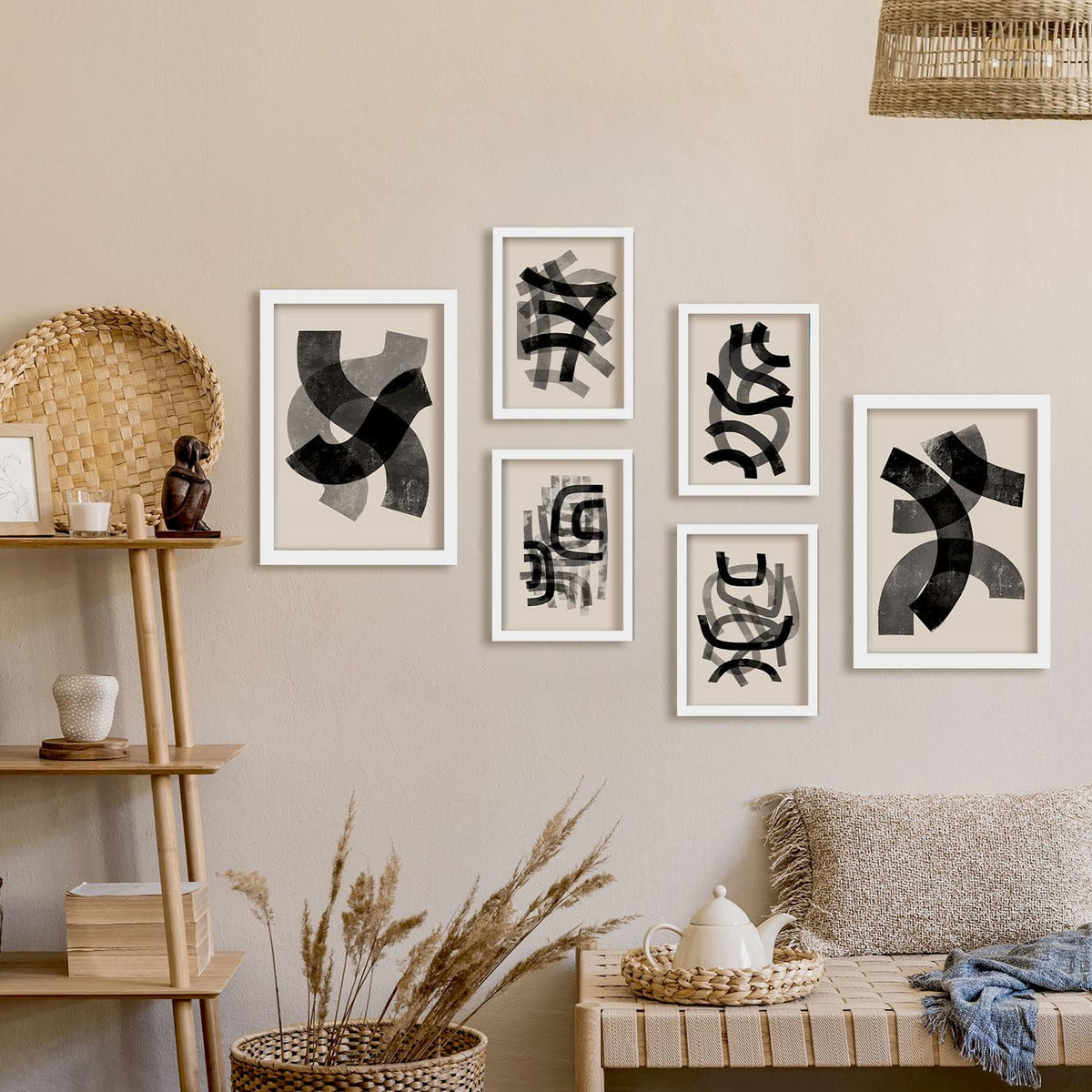 POSTER Set Mit 6 Gekrümmte Frames 1 In Form Abstracts Ästhetische Dekorative Gemälde Für Ihr Wohnzimmer, Schlafzimmer, Zuhause A3 & A4 Weißer Rahmen - Weiß, Papier (29/3cm) - Nacnic