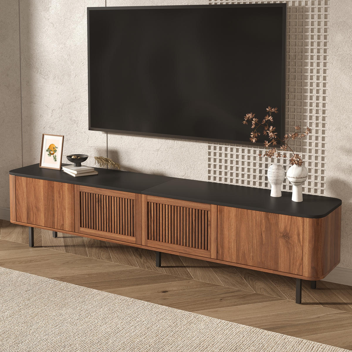 TV-SCHRANK 190cm modern niedrig TV-Ständer Design - Walnussfarben, Holzwerkstoff (35/45/190cm) - FLIEKS