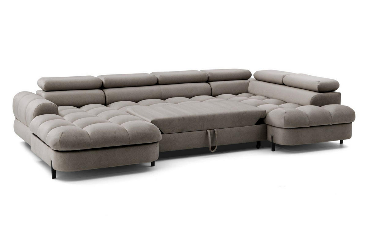 ECKSOFA U-Form BOWL U Rechts mit Schlaffunktion 125x265 Velours Beige - Beige/Schwarz, Holz/Textil (195/90/339cm) - Muffo