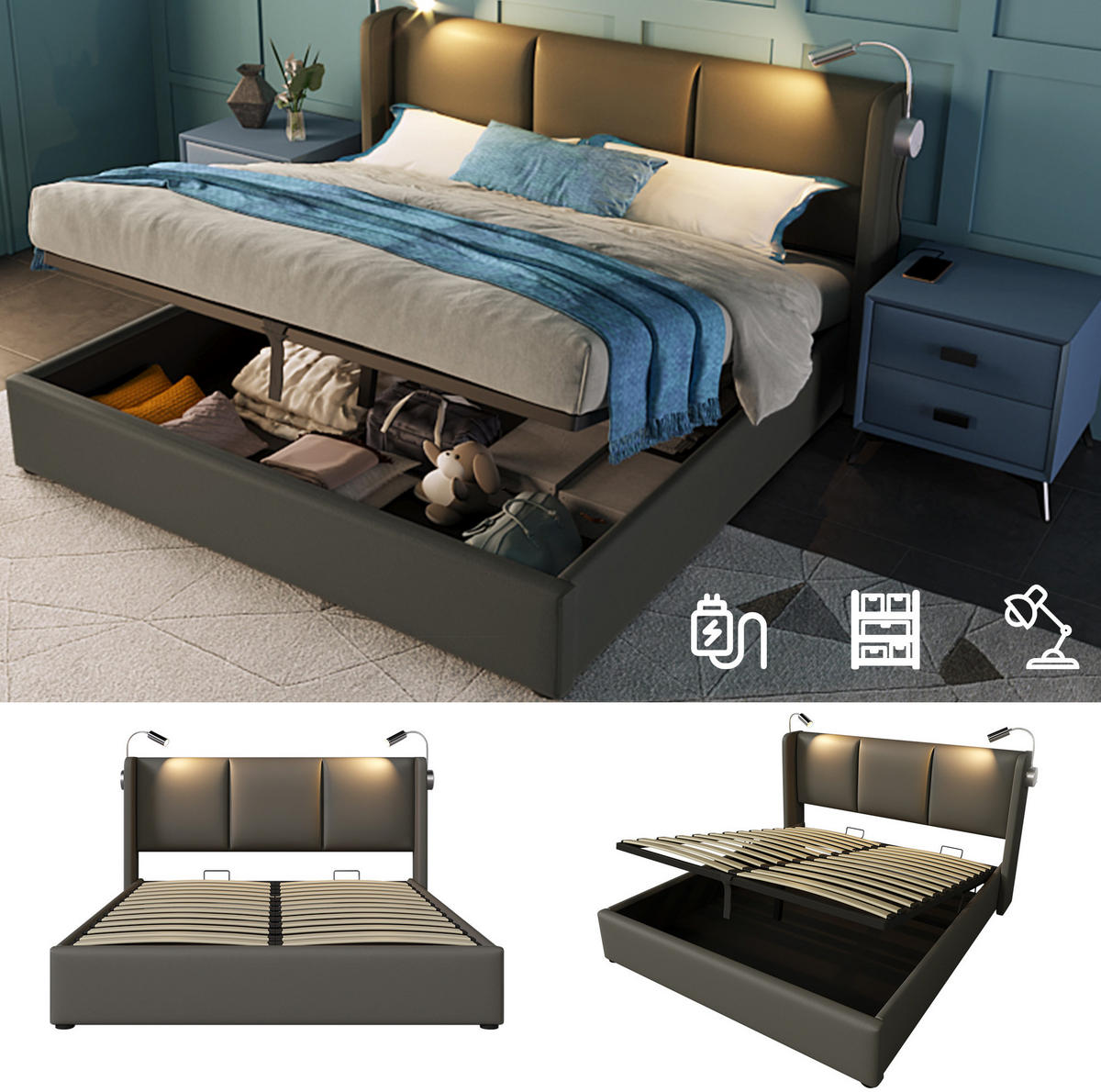 ČALOUNĚNÁ postel 140/200 cm šedá z PU s úložným prostorem a čtecím světlem USB - šedá, plast (140/200cm) - OKWISH
