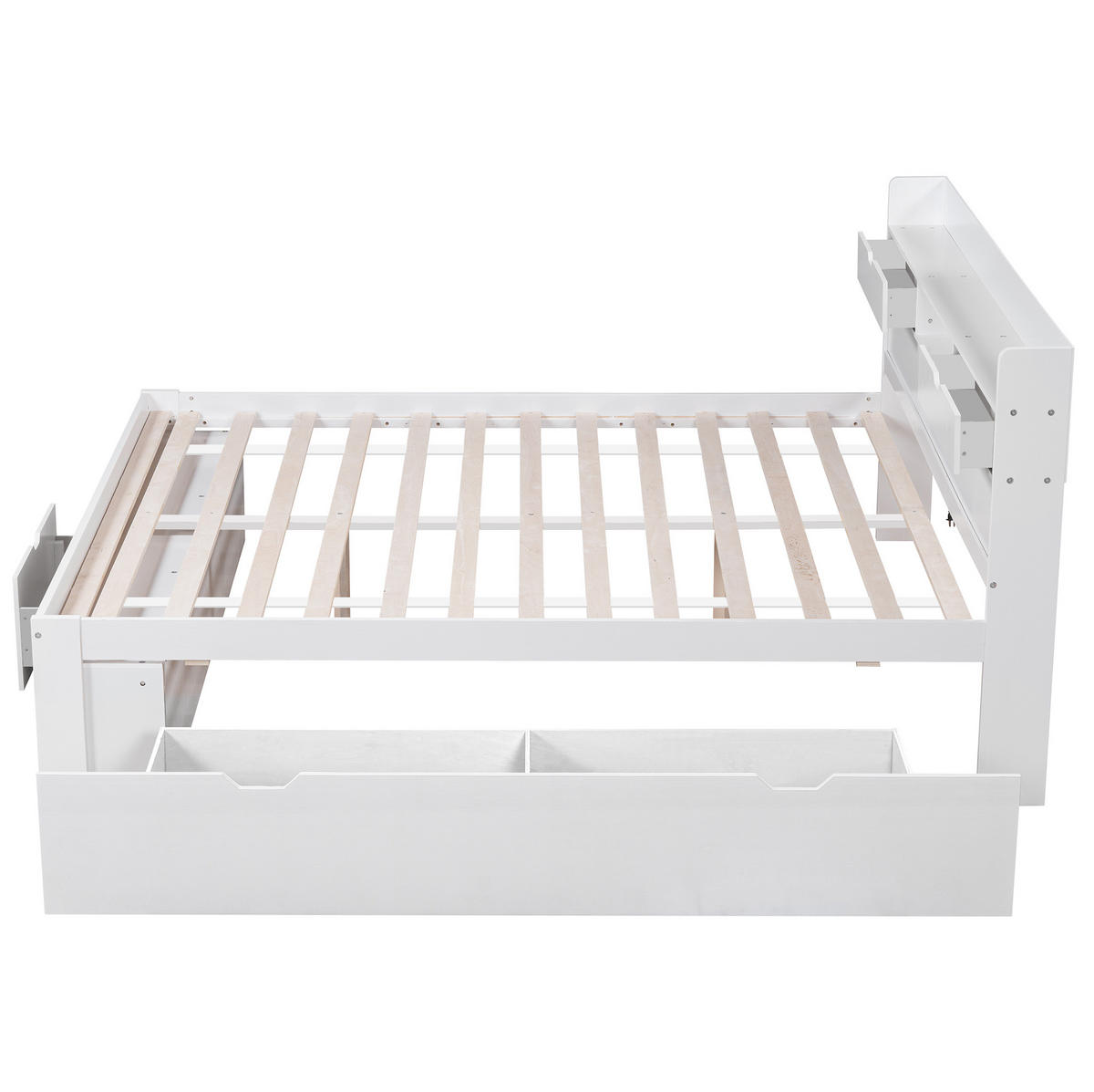 JUGENDBETT 140/200 cm aus Kiefernholz mit USB-Anschluss, Typ-C, Schubladen und Stauraum, Weiß - Weiß, Holzwerkstoff (140/200cm) - Redom