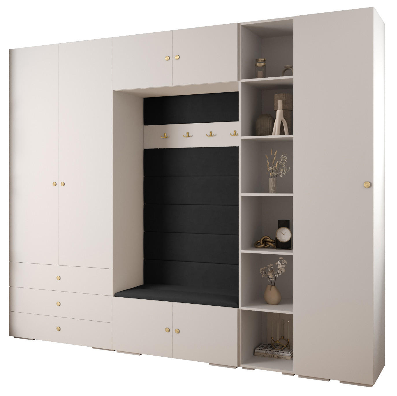 Abiks Möbel Garderoben-Set Weiß, Schwarz, Gold 290x236.7x47 cm