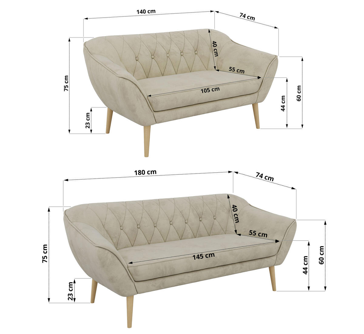 SEDACÍ SOUPRAVA 3+2 PIRS - Béžová Samet - Dřevěné nohy - barva buku/béžová, kompozitní dřevo/textil (180/75/74cm) - MKS