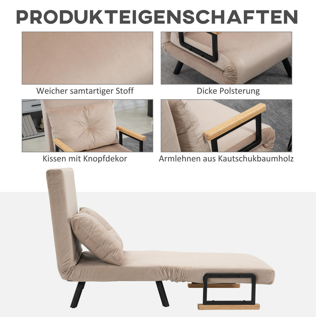 SCHLAFSESSEL in Beige 73x63x81 cm mit Bettfunktion und 5-fach verstellbarer Rückenlehne - Beige, Textil (63/81/73cm) - IVMEU