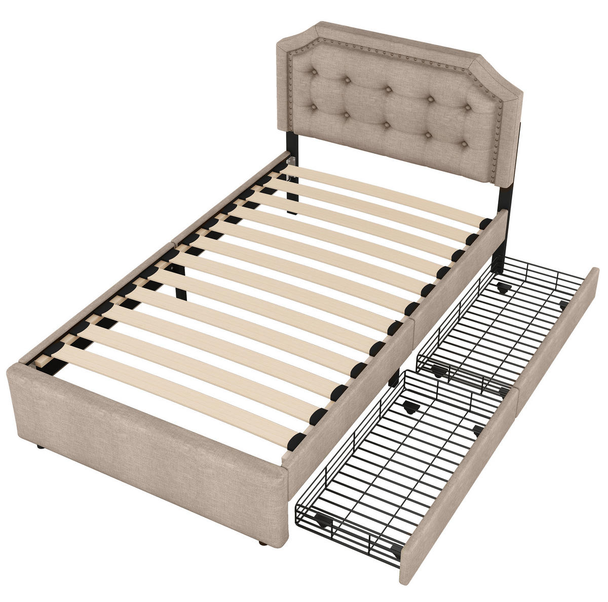 POLSTERBETT 90/200 cm Beige/Braun aus MDF mit 2 Schubladen - Beige, Textil (90/200cm) - OKMYHOME