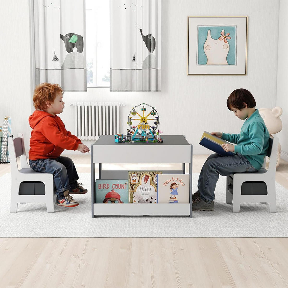 KINDERTISCH mit Stuhl grau(3-tlg) - Grau, Holzwerkstoff (61.5/48/61.5cm) - COSTWAY