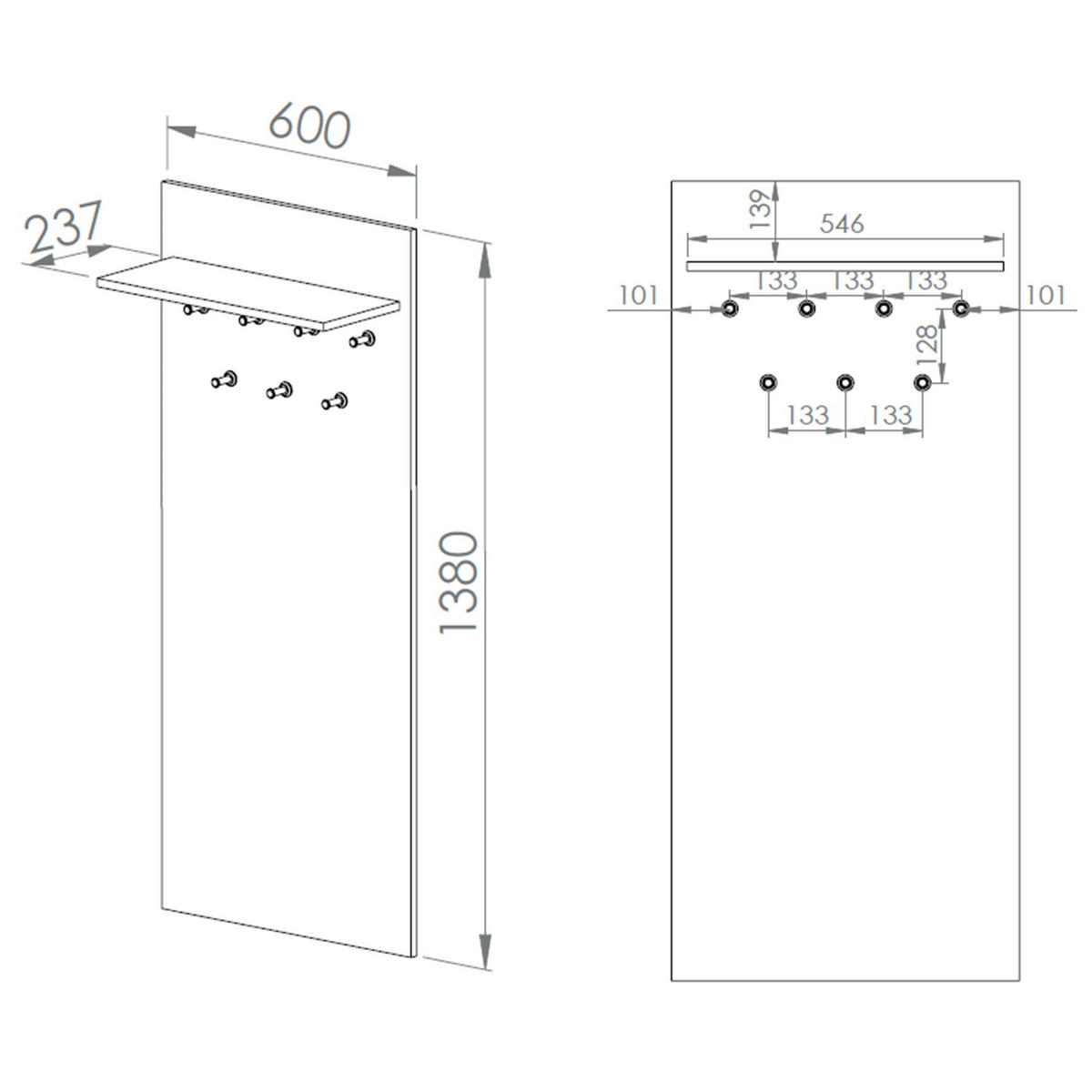 GARDEROBE Vasco Eiche 60 cm - Eichefarben, Holzwerkstoff (60/138/23.7cm) - Homebook