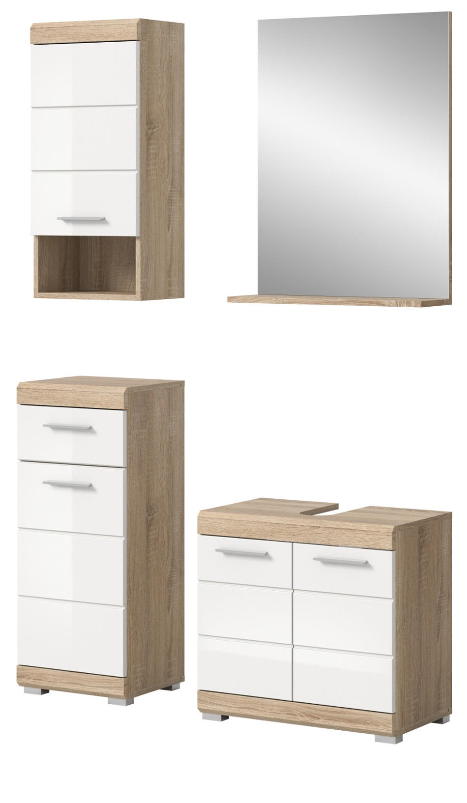 BADMÖBEL-SET weiß Hochglanz, Eiche 4-teilig 112 cm, Kombination mit viel Stauraum - Weiß Hochglanz/Eichefarben, Holzwerkstoff (112/191/34cm) - Inn.Furn