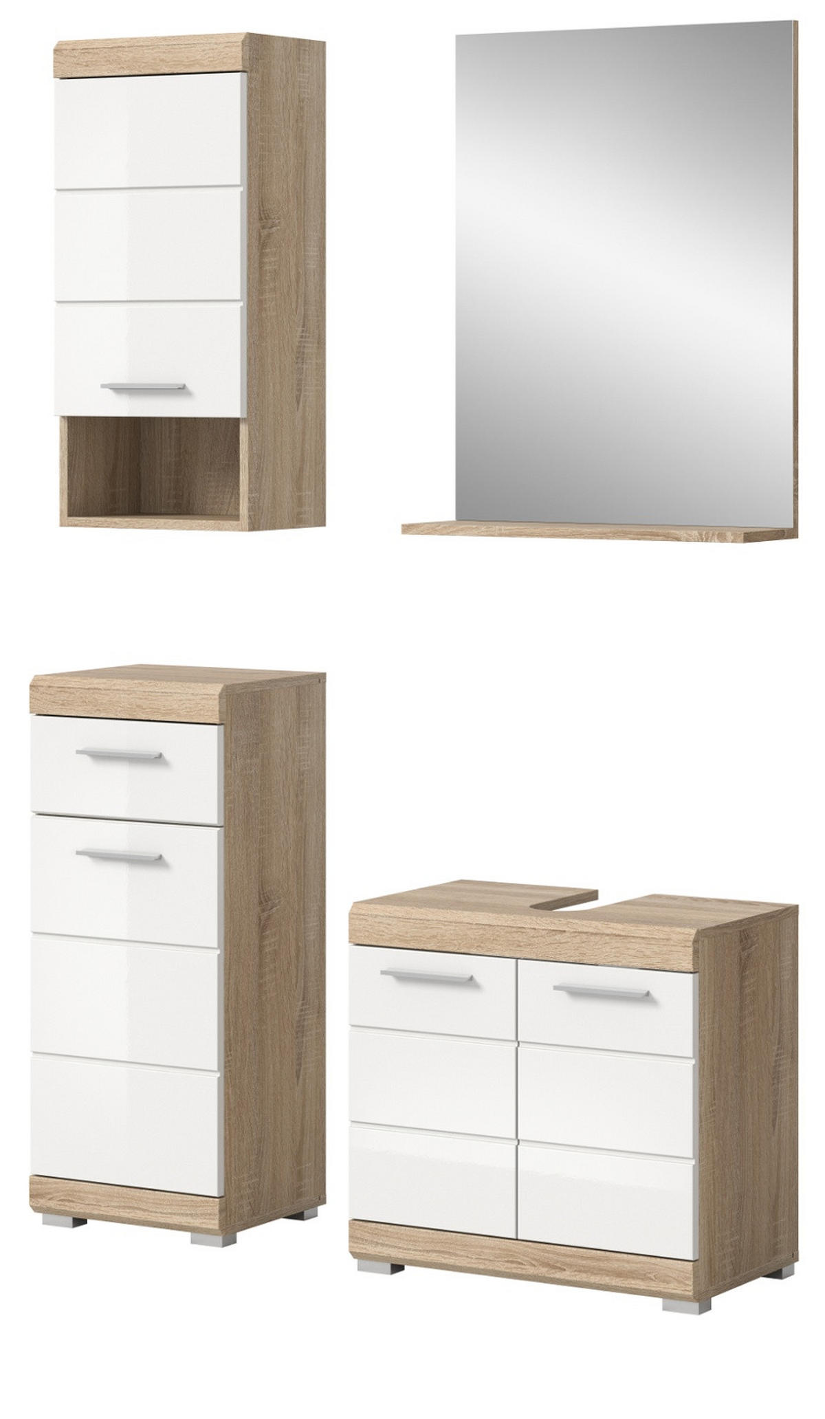 BADMÖBEL-SET weiß Hochglanz, Eiche 4-teilig 112 cm, Kombination mit viel Stauraum - Weiß Hochglanz/Eichefarben, Holzwerkstoff (112/191/34cm) - Inn.Furn