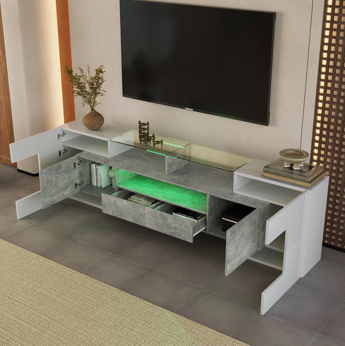 LOWBOARD 200/35/60 cm aus MDF mit LED-Beleuchtung Grau/Weiß - Weiß, Holzwerkstoff (200/60/35cm) - Modenvie