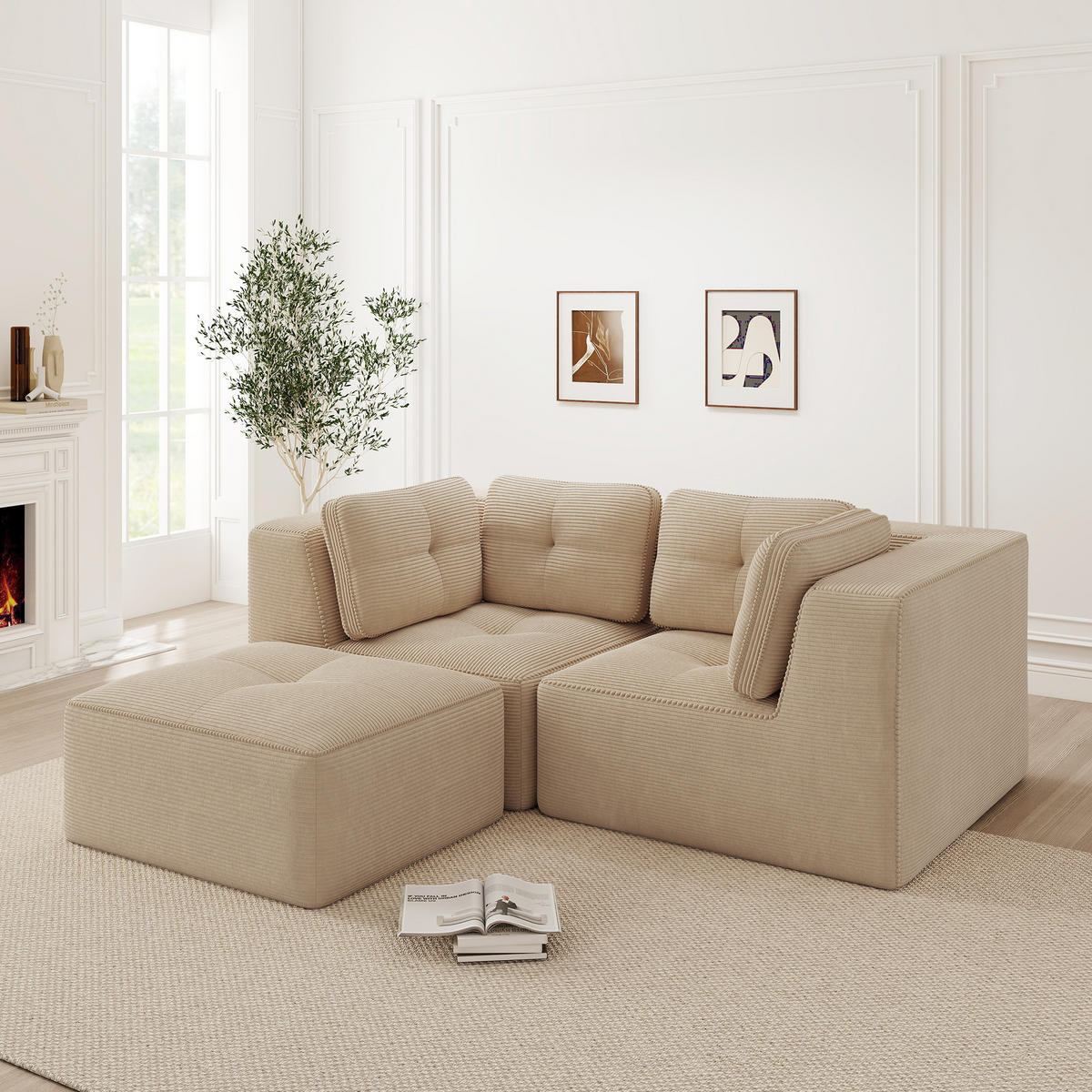 2-SITZER Sofa 208x177x69 cm aus Cordstoff rahmenlos modular mit Fußstütze, beige - Beige, Textil (177/69/208cm)