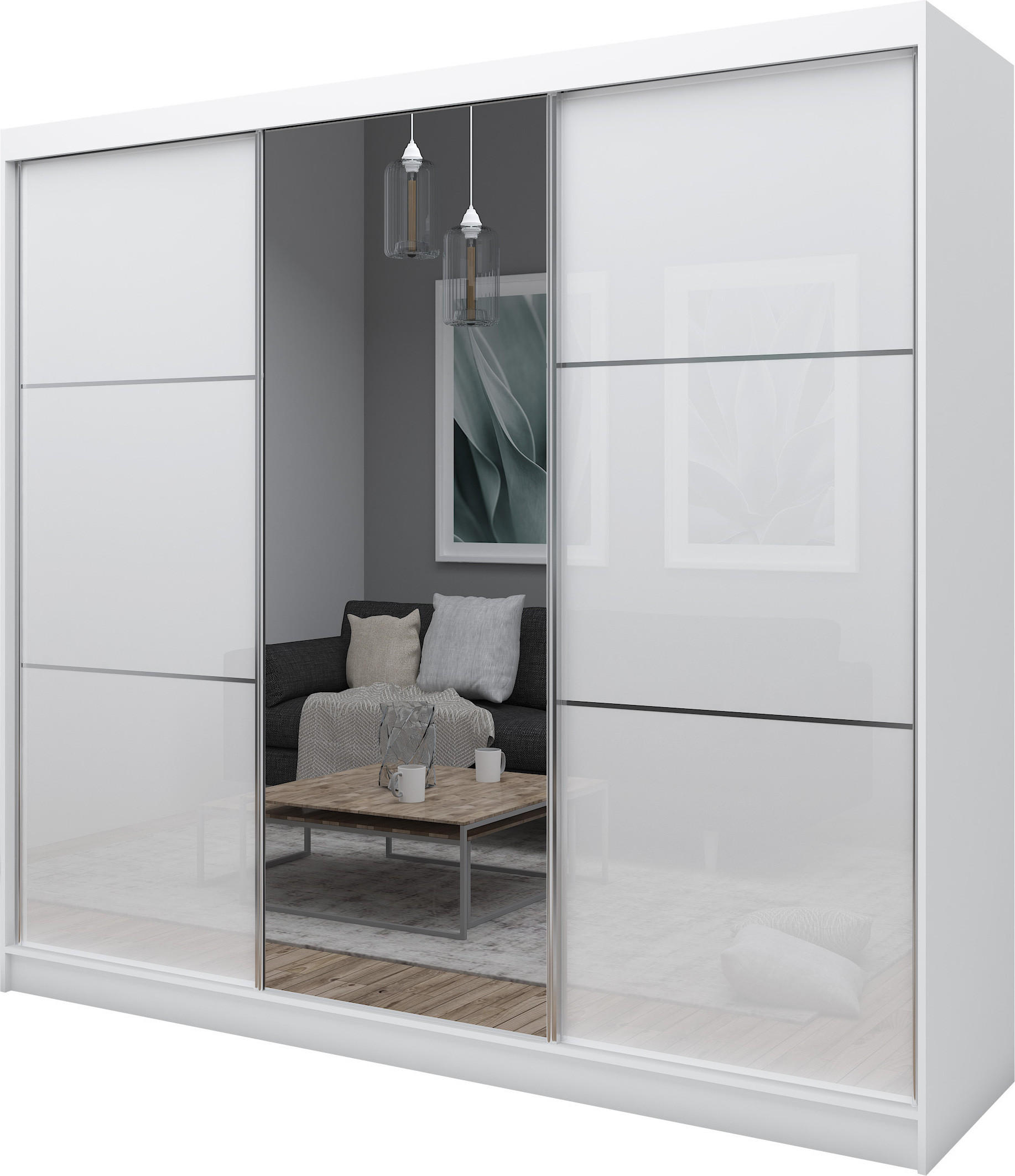 SCHWEBETÜRENSCHRANK Vena 240 cm mit Spiegel 3-türig, weiß, lacobel weiß - Weiß, Holz/Kunststoff (240/216/61cm) - Margaret Hadas24