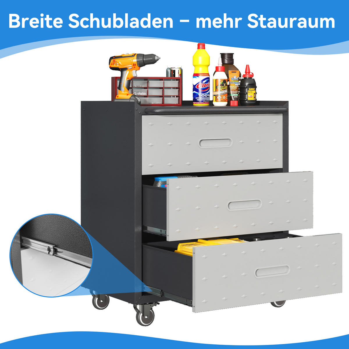 WERKZEUGSCHRANK Metall mit Rollen 3 Schubladen 75x42x88 cm – robust, Werkstattwagen für Garage, Büro & Haushalt, Schwarz/Grau - Schwarz, Metall (42/88.01/75.01cm) - Ej. Life