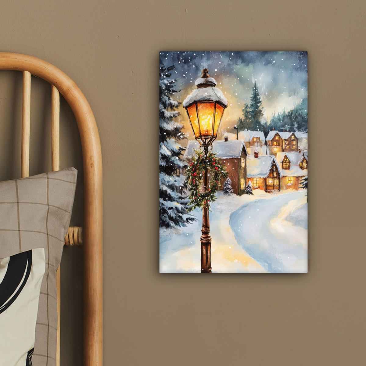 LEINWANDBILD Weihnachtsdorf - Häuser - Schnee - Weihnachten 20x30 cm - Sandfarben, Textil (20/30cm) - MuchoWow
