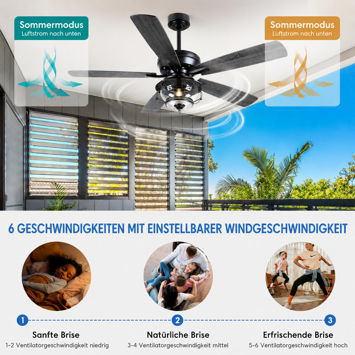 DECKENVENTILATOR für geschützte Außenbereiche Schwarz 132 cm mit LED und leisem DC-Motor 5012 - Schwarz, Metall (132/132/53cm) - Surtime