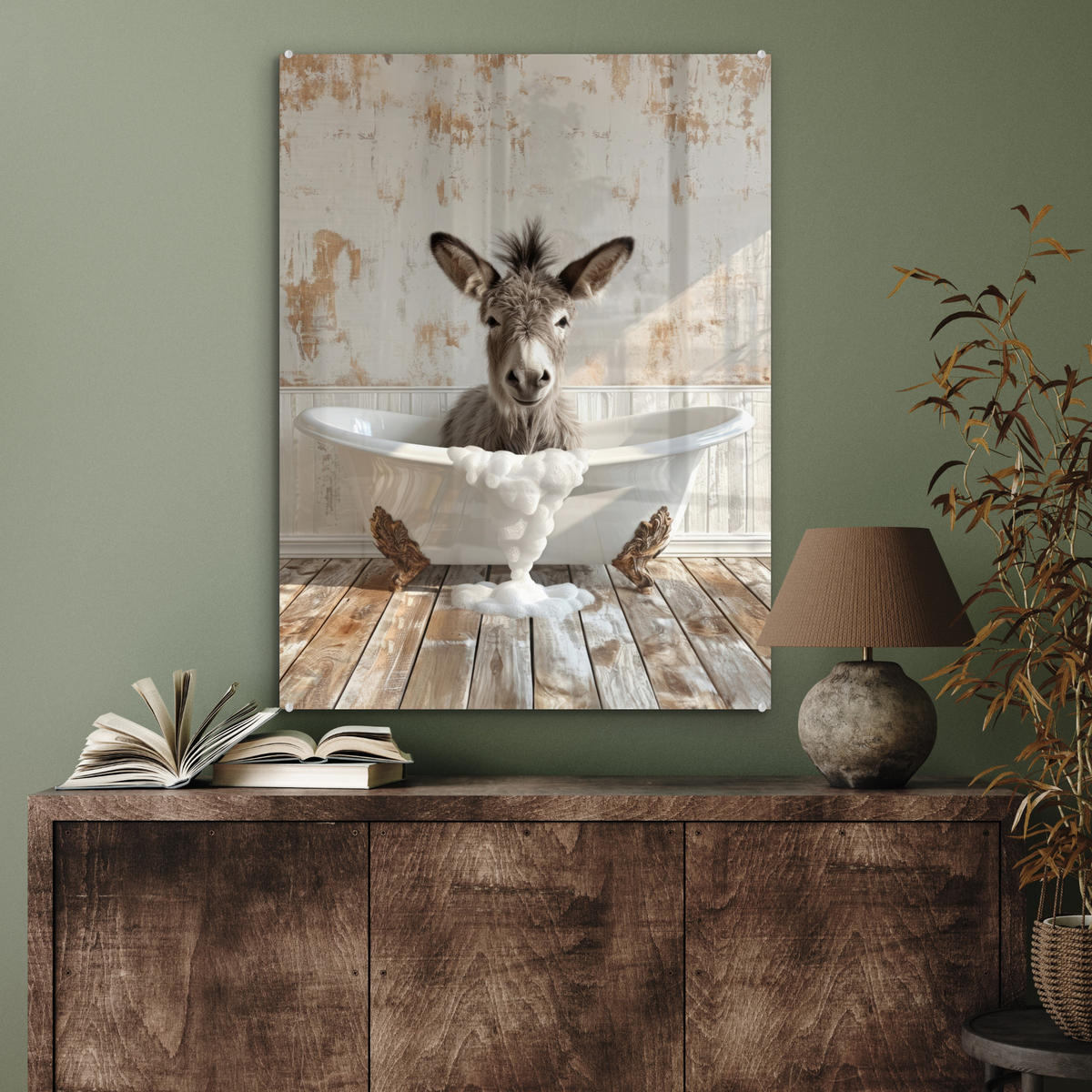 ACRYLGLASBILD Esel - Tiere - Badewanne - Schaumstoff 60x80 cm - Weiß, Glas (60/80cm) - MuchoWow