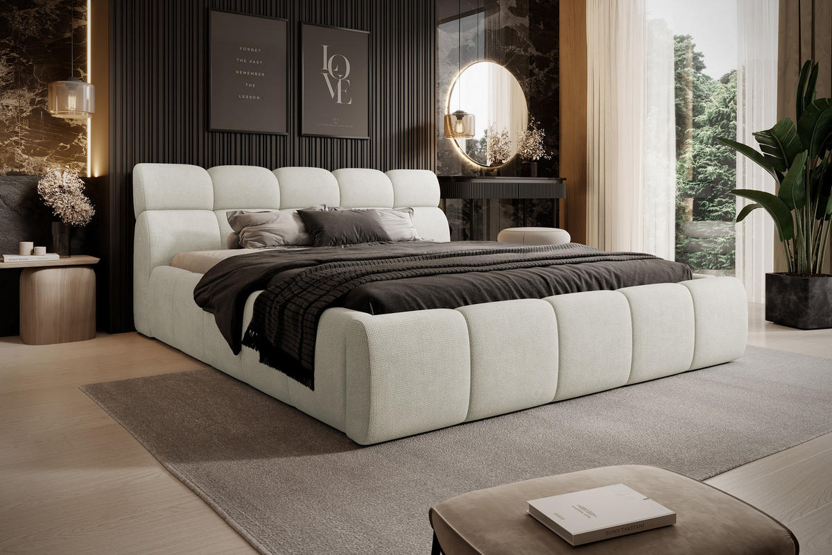 POLSTERBETT GIULIA, komfortabel, mit Bettkasten, verstellbarem Kopfteil und LED, 180x200x96 cm, Farbe Creme - Creme/Schwarz, Holzwerkstoff/Kunststoff (180/200cm) - DomoHome