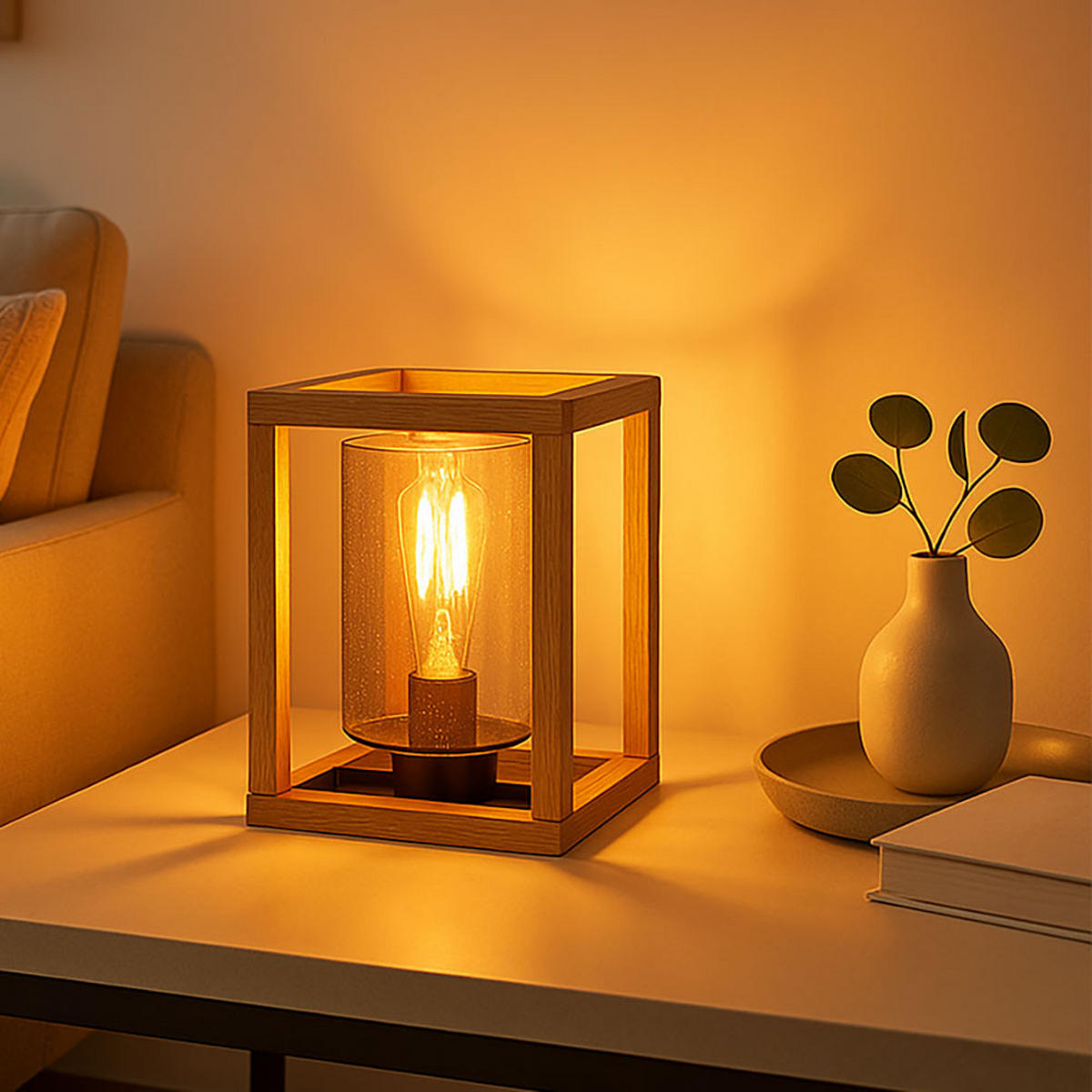 TISCHLEUCHTE Rauchglas Braun Holz - Braun, Glas (17/17/22cm) - Globo Lighting