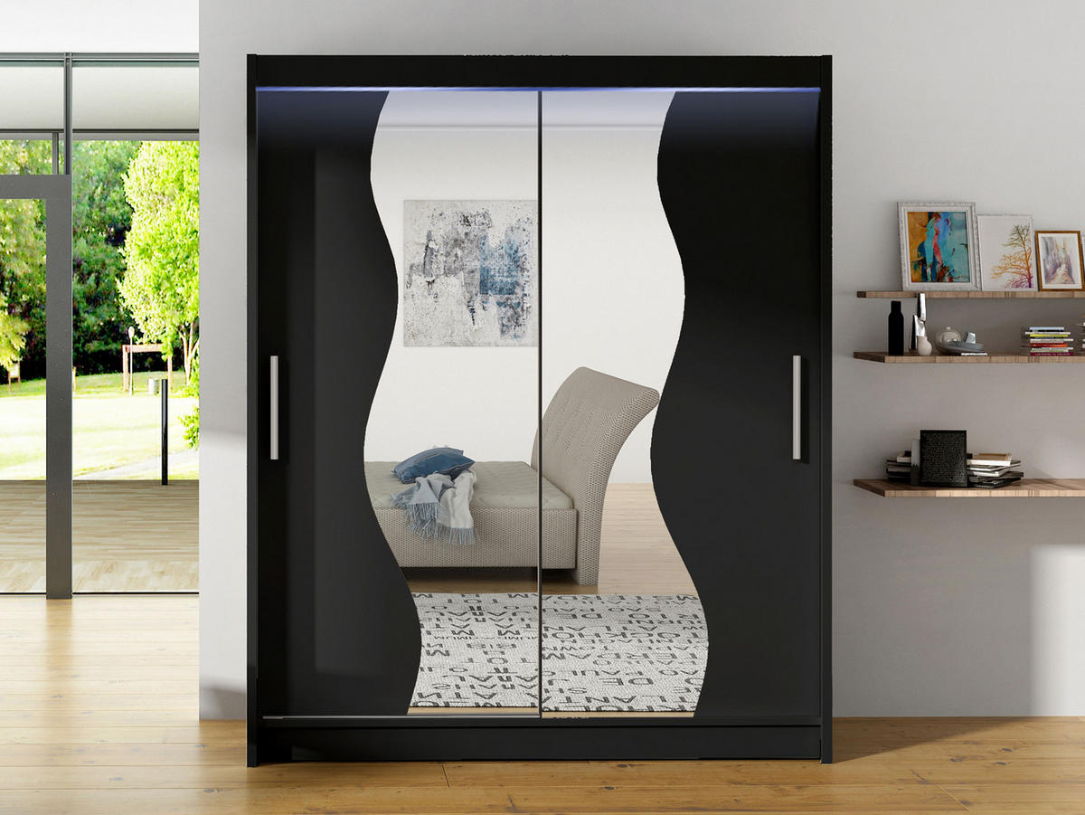 SCHWEBETÜRENSCHRANK Westa S, mit RGB LED Beleuchtung - Silberfarben/Schwarz, Holzwerkstoff/Metall (150/200/58cm) - MIRJAN24