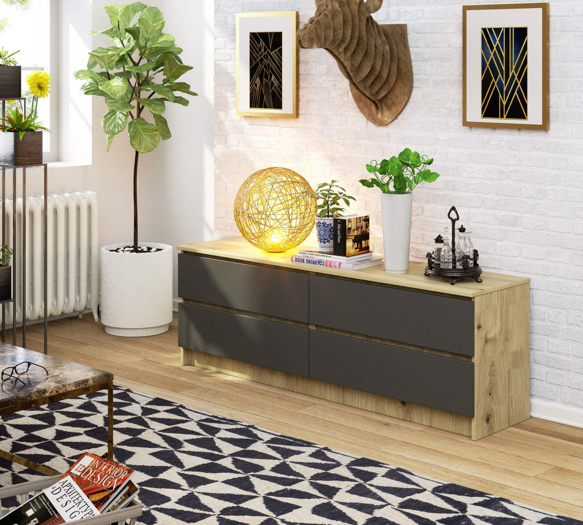 KOMMODE Eiche Artisan, Graphit Grau 55/160/40 - Eiche Artisan, Holzwerkstoff (160/55/40cm) - RAUMHIRSCH FURNITURE