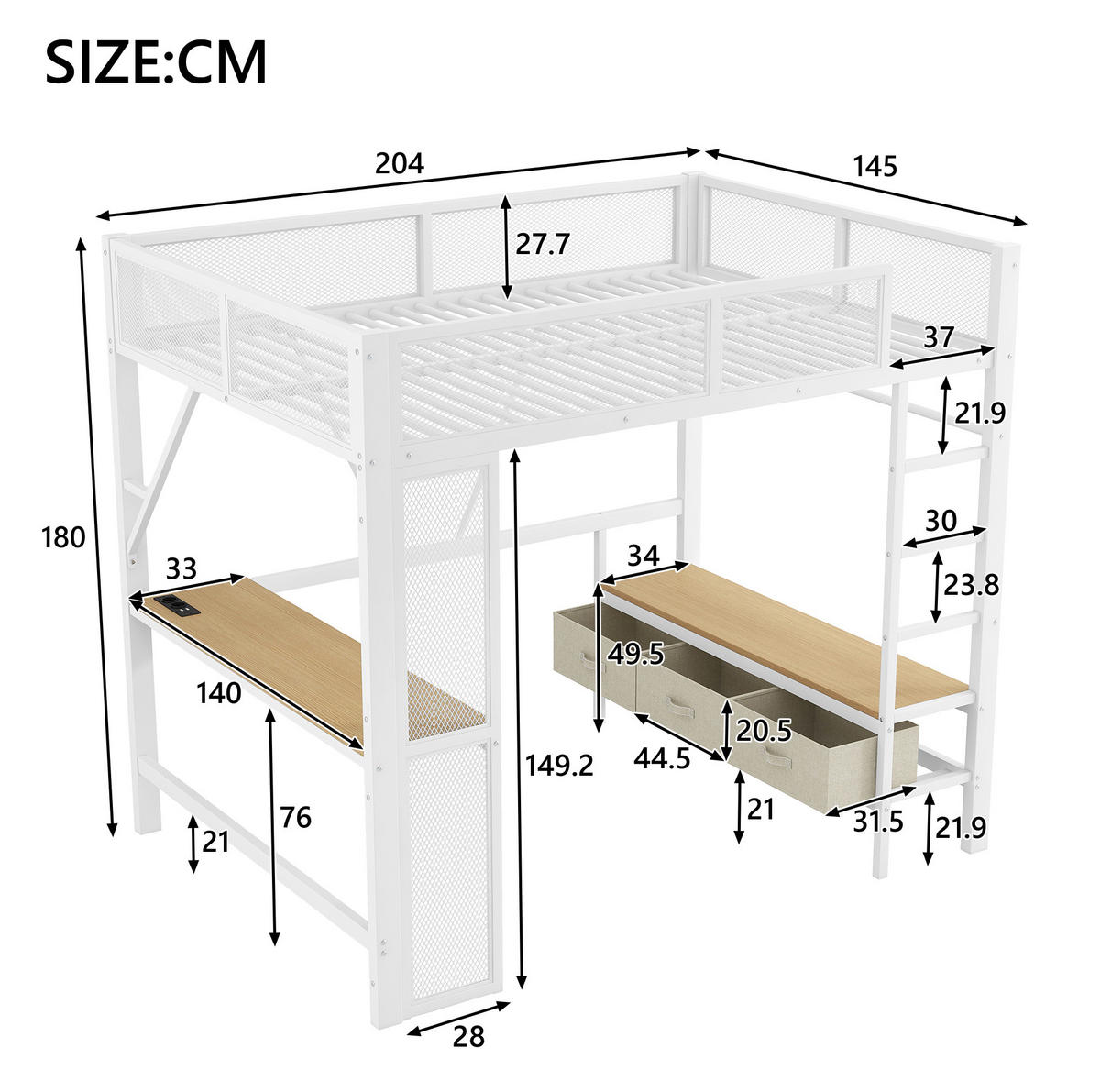 HOCHBETT 140/200 cm Weiß mit LED, USB und Schreibtisch - Weiß, Metall (140/200cm) - MIVRAY