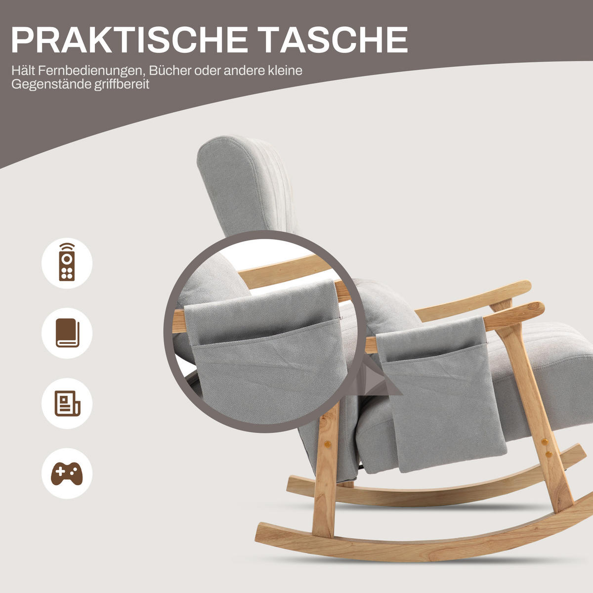 SCHAUKELSTUHL Schaukelsessel mit Lendenkissen, Seitentasche für Wohnzimmer Grau - Naturfarben/Grau, Holz/Buchenholz (65/98/90cm) - HOMCOM