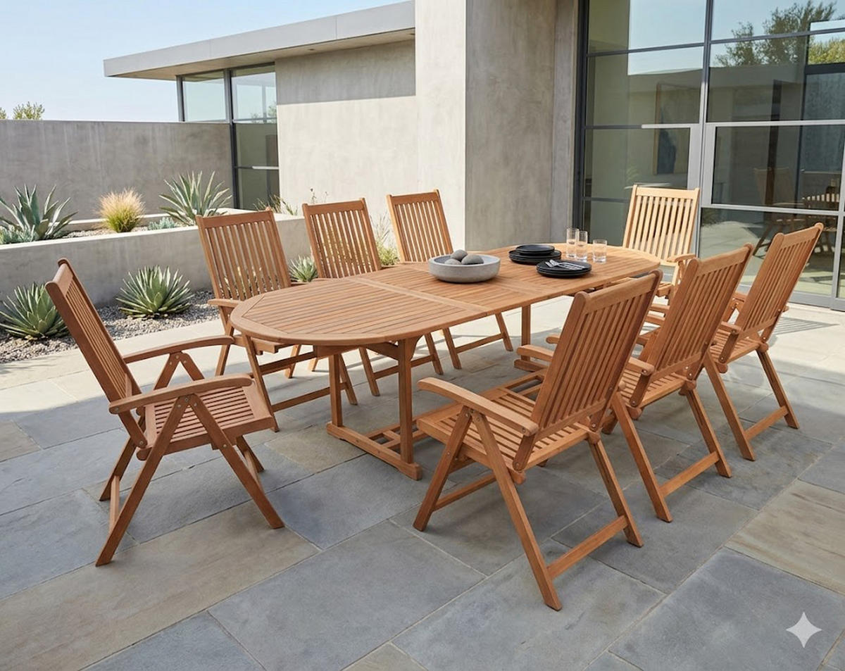GARTEN-ESSGRUPPE Laguna, 9-teilige Sitzgruppe, Eukalyptus geölt, FSC®-zertifiziert - Braun, Holz - TPFGarden