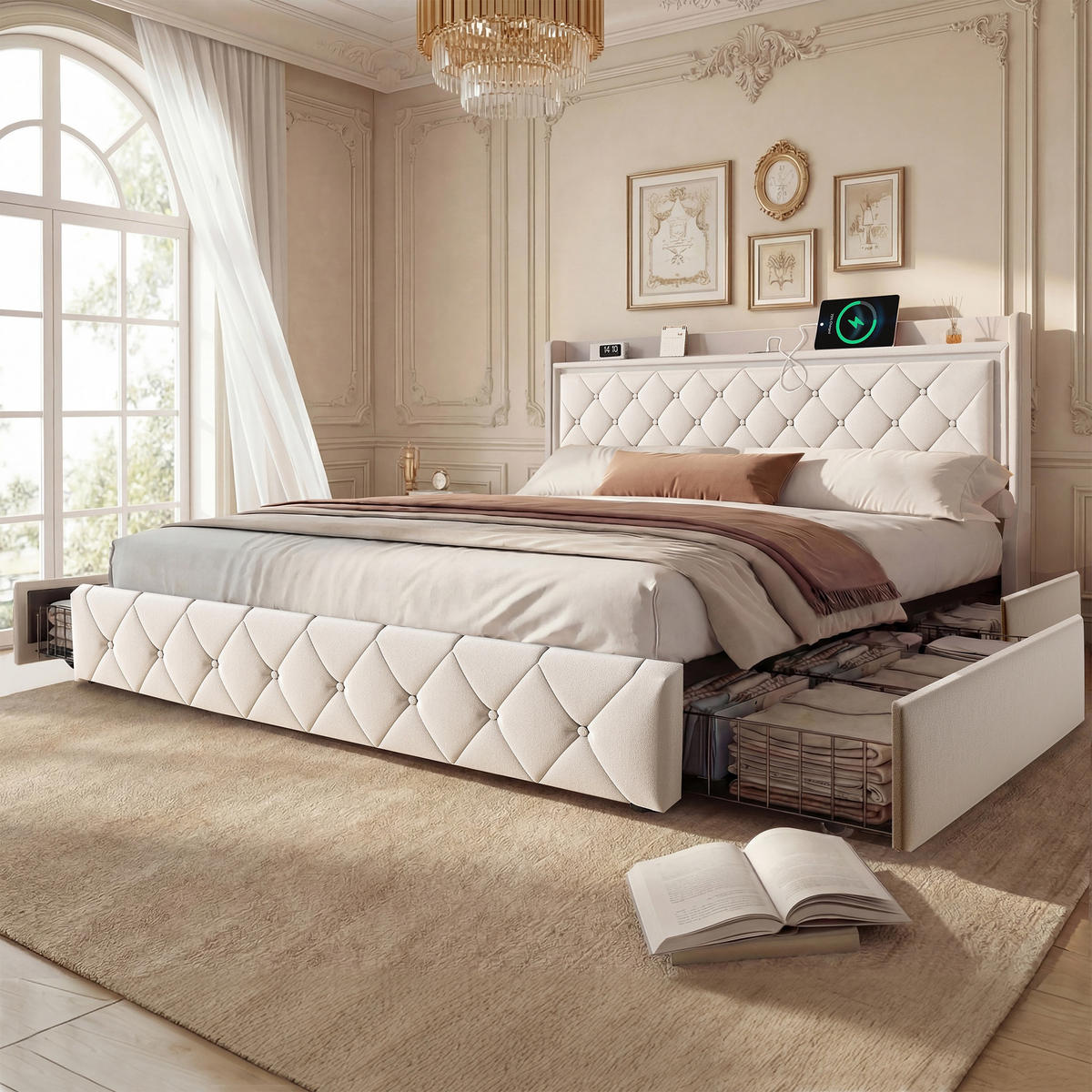 POLSTERBETT 140x190cm Funktionsbett mit LED-Beleuchtung und Stauraum – Samt Beige - Beige, Textil (140/190cm) - DELFA