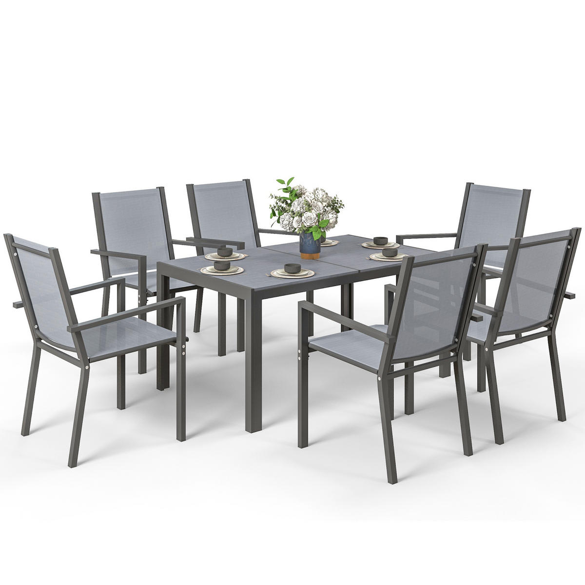 GARTENTISCHGRUPPE DE-18096 7-teilig, Tisch mit Kunstholz Grau - Dunkelgrau, Metall - ComfortXL