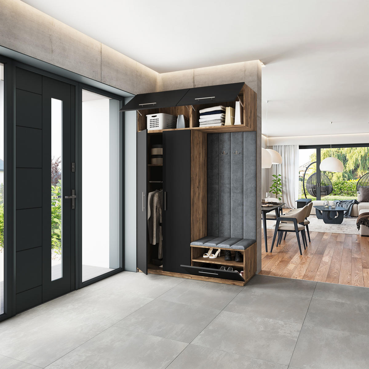 GARDEROBENSCHRANK REMA 150/240/60 cm Modern Garderobe-Set Eiche Lefkas - Eichefarben/Schwarz, Holzwerkstoff (150/240/60cm) - MASSENO