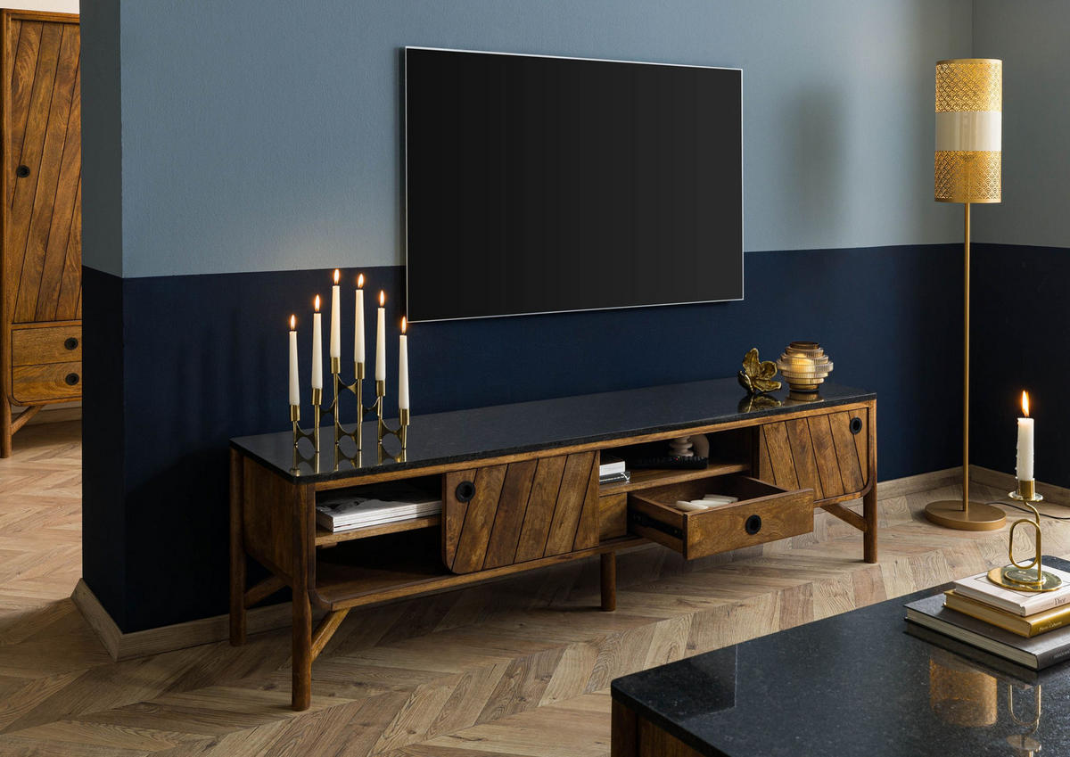 TV-BOARD Mango 180x45x50 braun geölt / dunkler Granit LOS ANGELES #103 - Braun, Holz (180/50/45cm) - Massivmoebel24