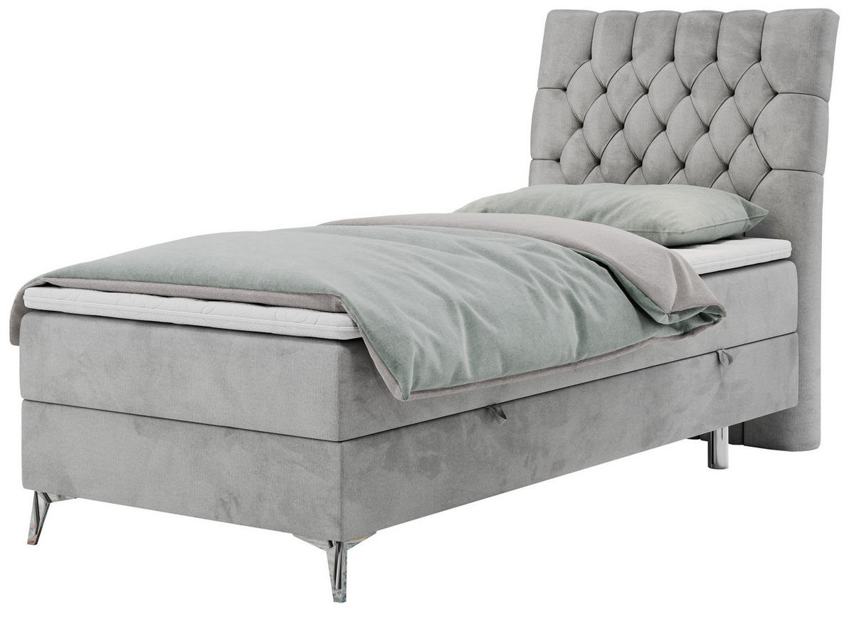 BOXBETT MILEN 90/200 Hellgrau Velvet - H3 - Rechts Seite - Hellgrau, Holz/Textil (90/200cm) - MKS