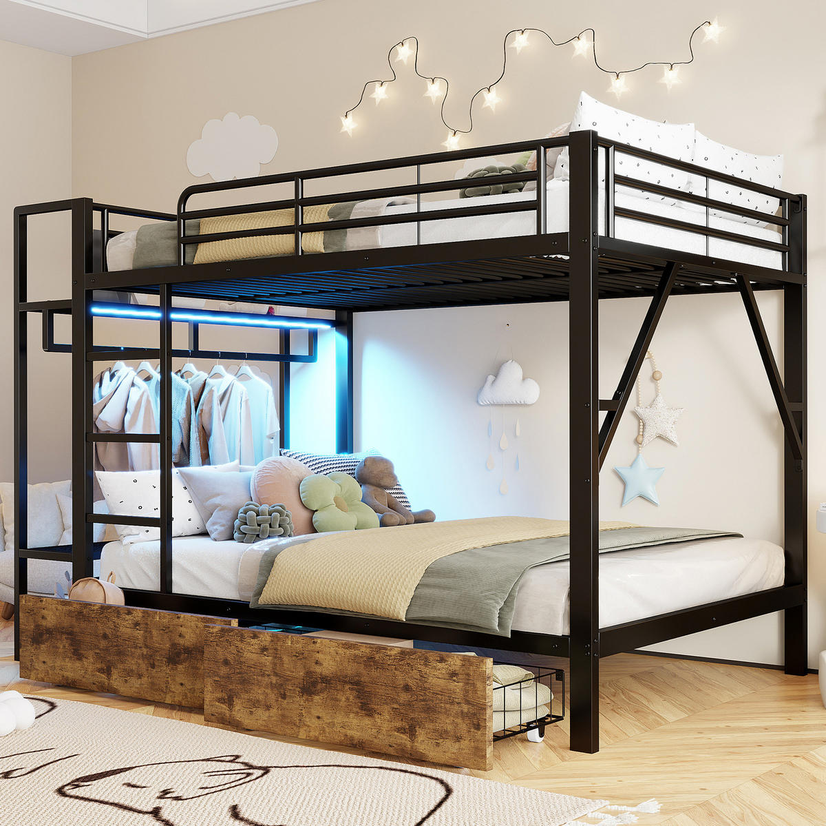 ETAGENBETT 140/200 cm aus Metall mit LED-Beleuchtung und Stauraum - Schwarz, Metall - BEAOK