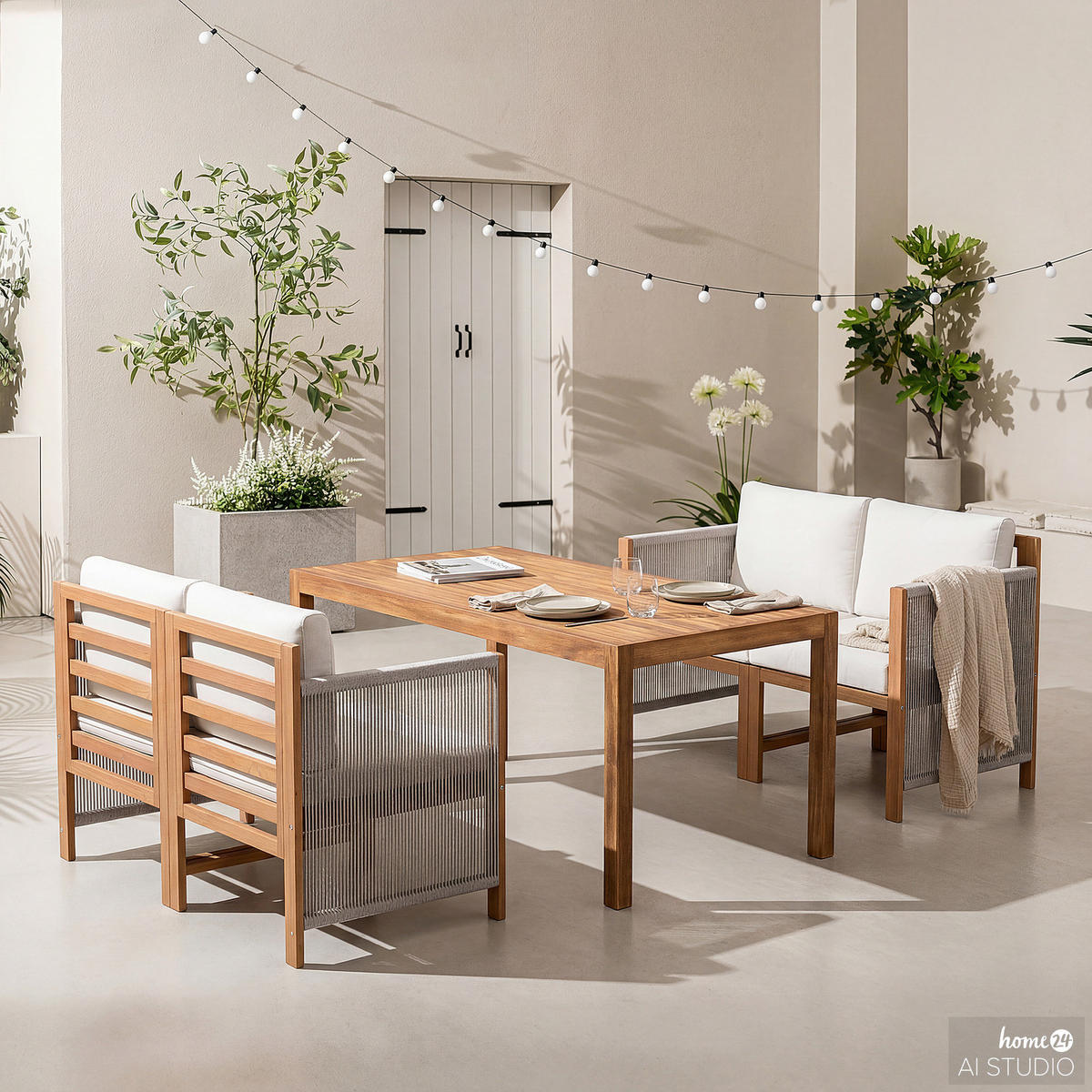 DINING-LOUNGESET - 5-teilig - Akazie massiv / Polyester - Braun / Beige - Beige/Braun, Holz/Textil - home24
