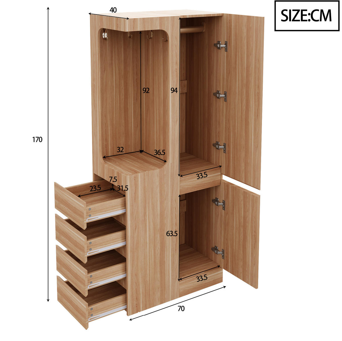 KLEIDERSCHRANK 70/40/170 cm in Weiß/Holzfarben mit Schubladen und offenem Fach - Naturfarben, Holz (70/170/40cm) - BEAOK