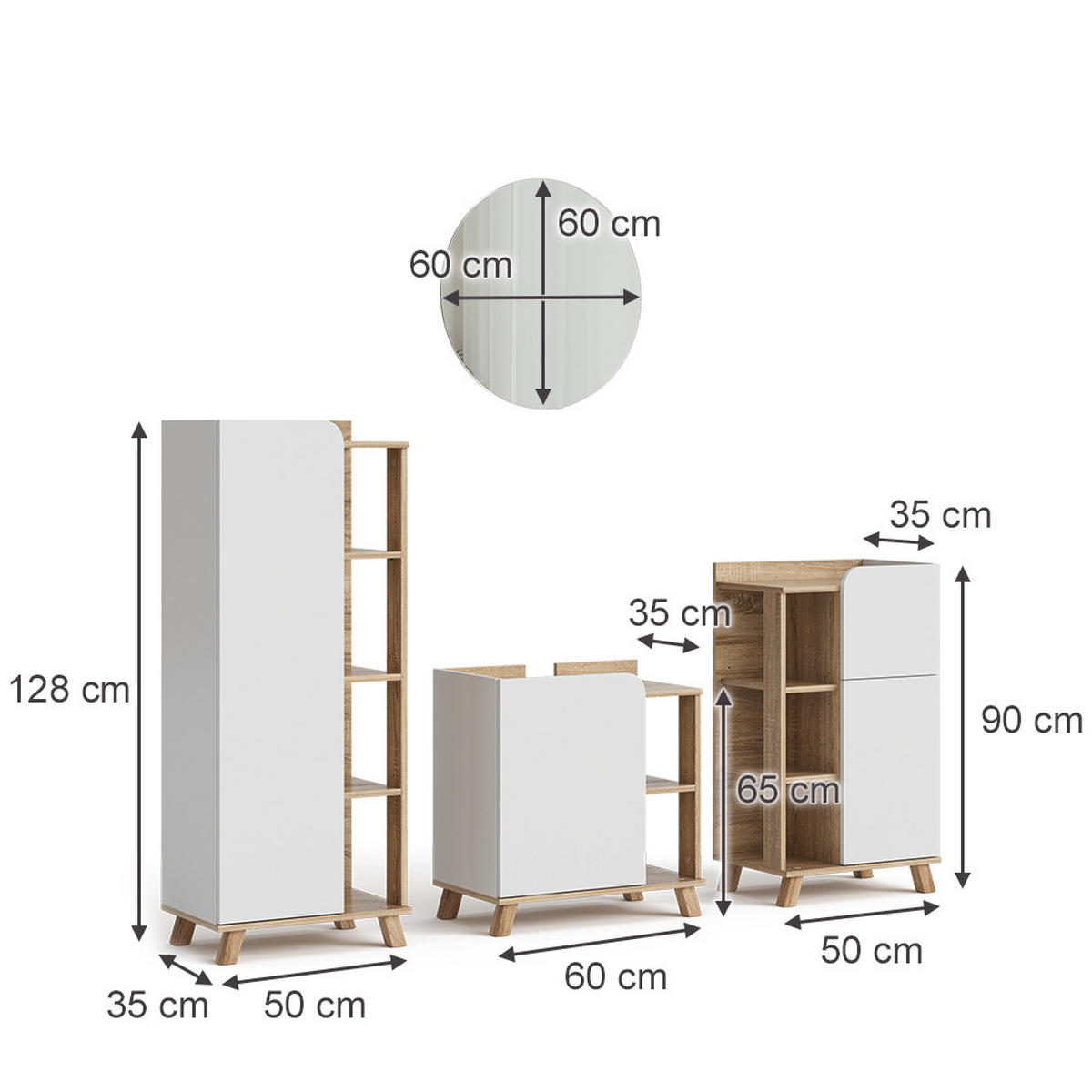 BADMÖBEL-SET Karen Sonoma/Weiß 4 Teile - Weiß/Sonoma Eiche, Holzwerkstoff (60/65/35cm) - Vicco