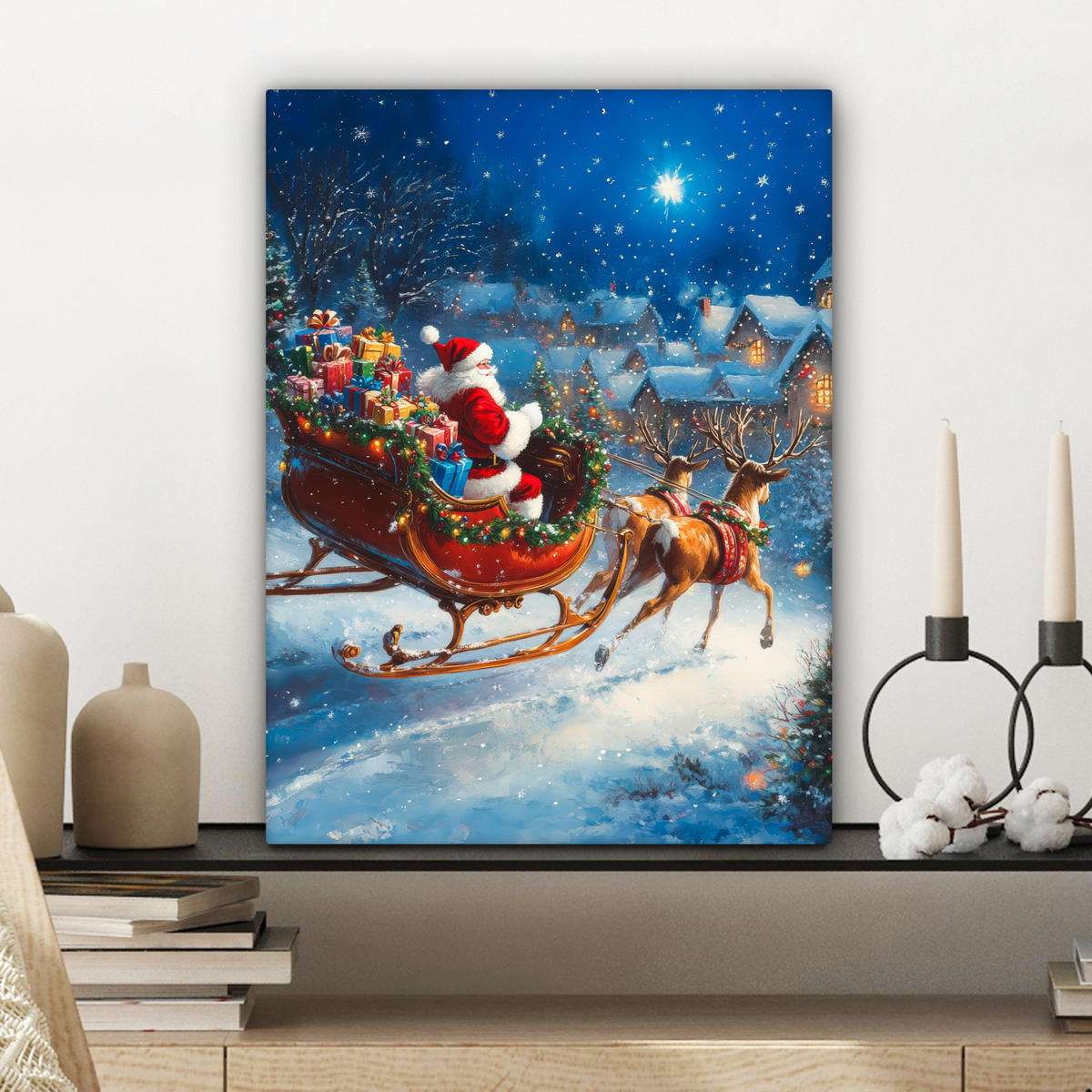 LEINWANDBILD Weihnachtsmann - Rentier - Weihnachten - Schnee Room Decor 30x40 cm - Cognac, Textil (30/40cm) - MuchoWow