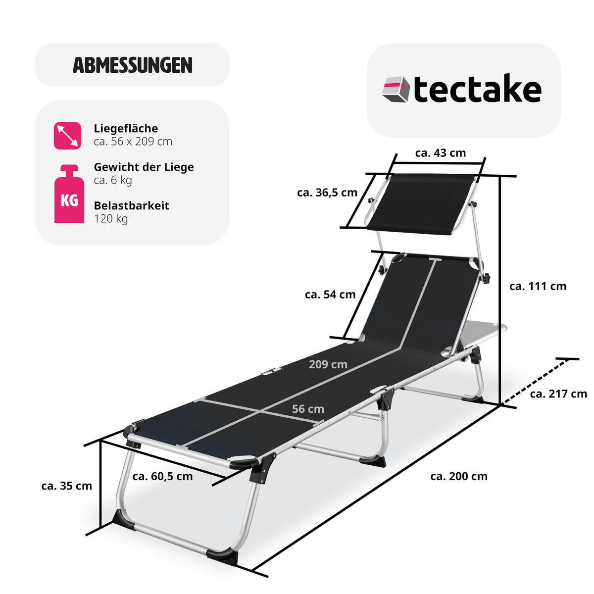 SONNENLIEGE Aurelie,217 x 60,5 x 72 cm,schwarz - Schwarz, Kunststoff (60.5/111/200cm) - tectake