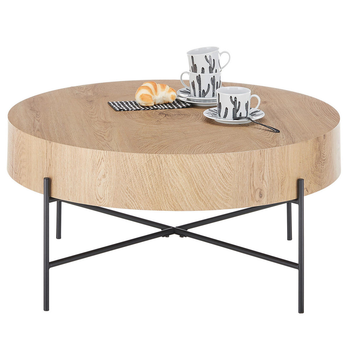 HOME24 Couchtisch Taynard - Eichefarben/Schwarz, Holzwerkstoff/Metall (80/80/37cm) - home24