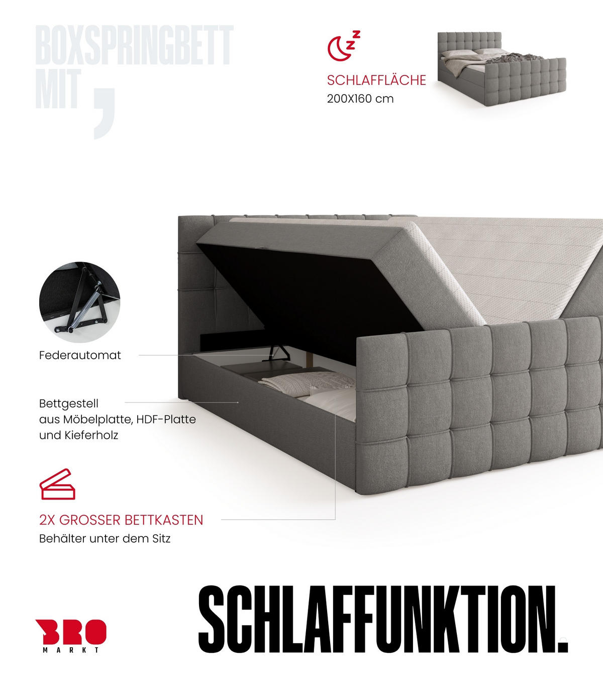 BOXBETT Detroit Duo mit Topper 160/200 Grau - Grau, Textil (160/200cm) - Bromarkt